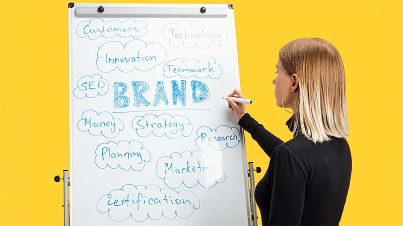 Side View Of Businesswoman Writing On Whiteboard Branding